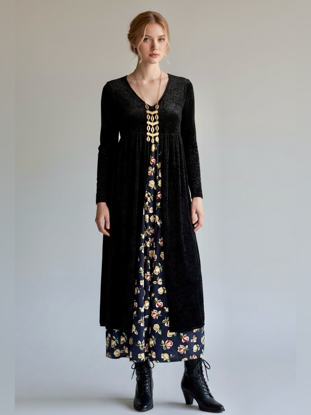 90s United Colors of BENETTON Floral Rayon and Black Velvet Grunge Granny Dress